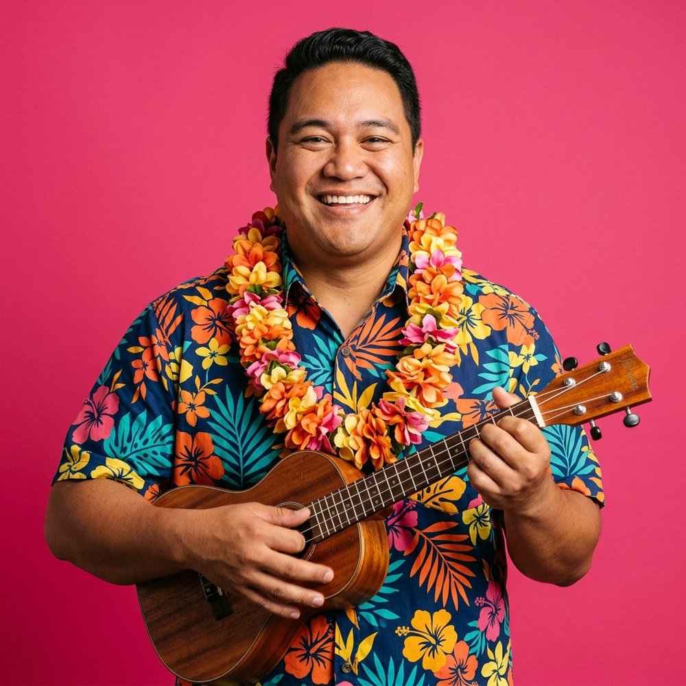 A smiling ukulele player on a hibiscus pink background