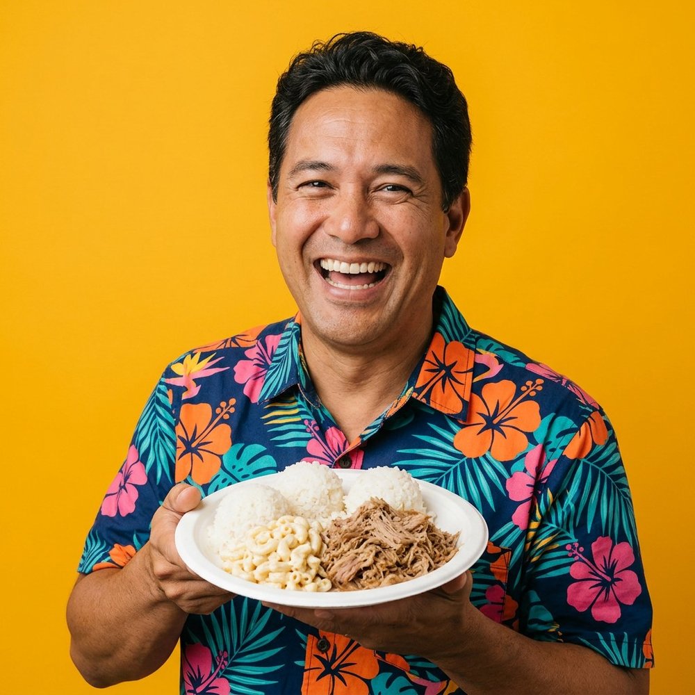 A laughing man holding a plate lunch on a golden yellow background