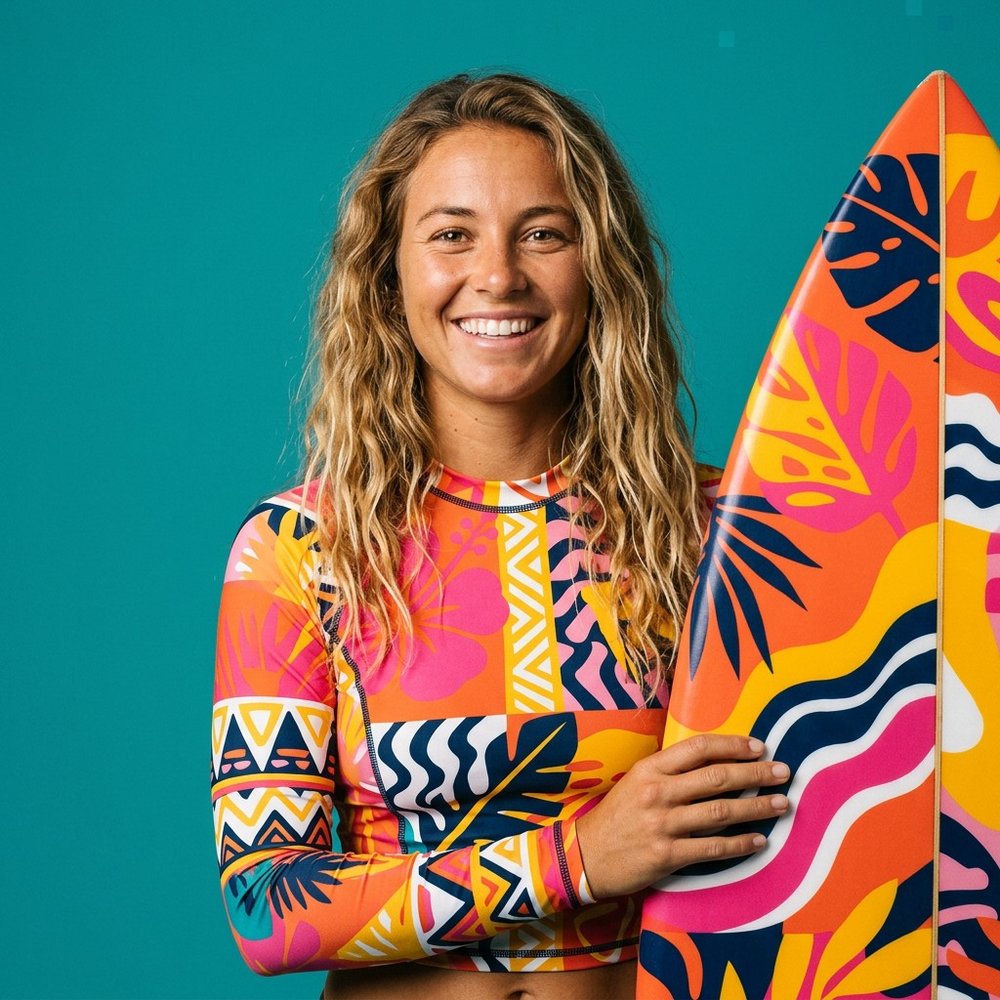 A happy surfer holding a surfboard on a lagoon teal background