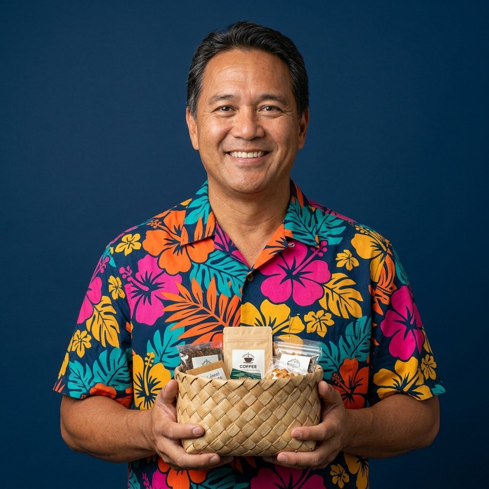 A cheerful shop owner in an aloha shirt on a deep navy background
