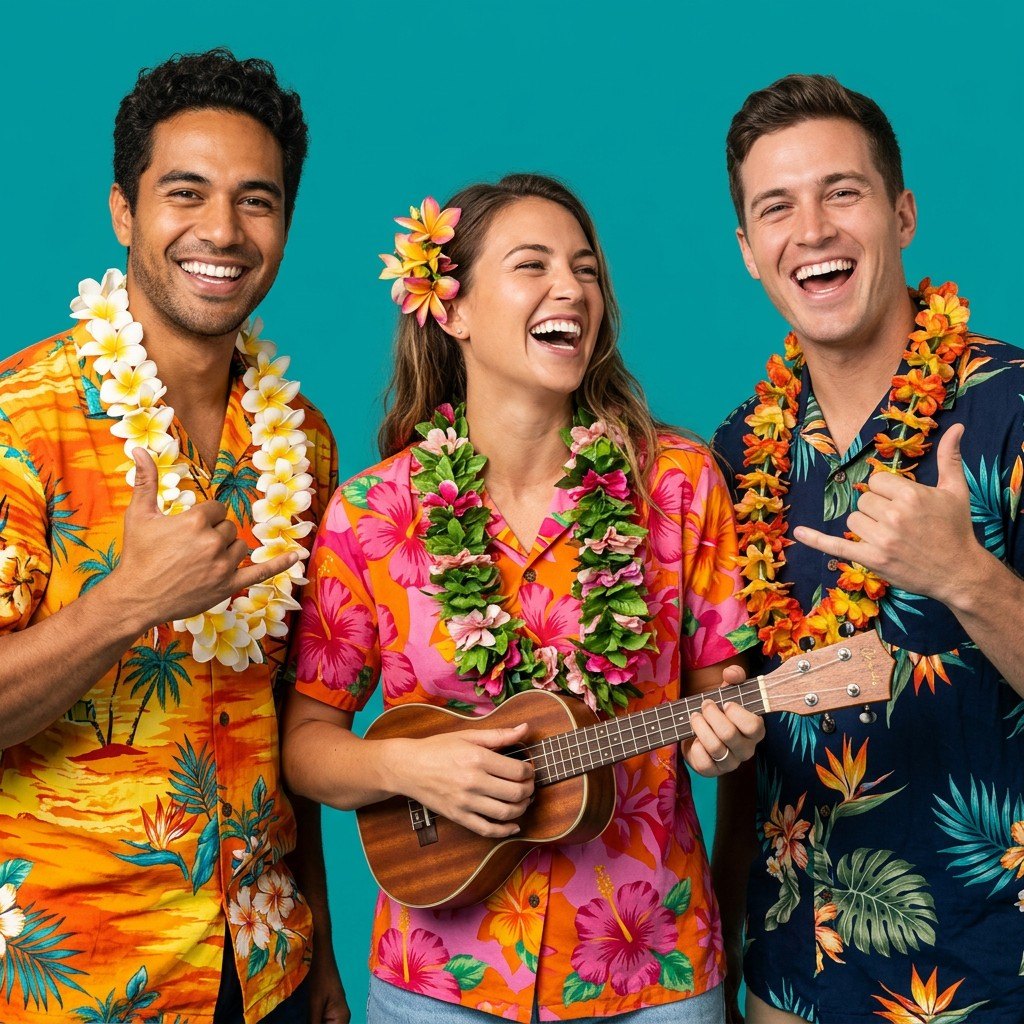 Friends laughing together with a shaka sign on a sunset background